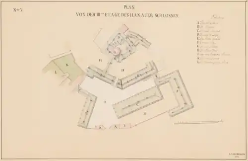 Plan of the third floor: The medieval castle (G) on top, with the Fürstenbau right below (D). The Friedrichsbau (F) is to the right