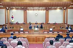 PM Han attends impeachment trial at the Constitutional Court's Grand Courtroom