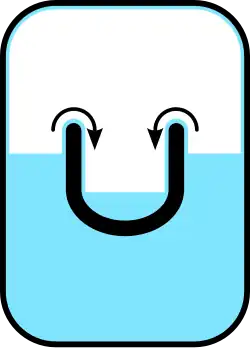 A cross-sectional drawing showing one vessel inside another. There is a liquid in the outer vessel, and it tends to flow into the inner vessel over its walls.