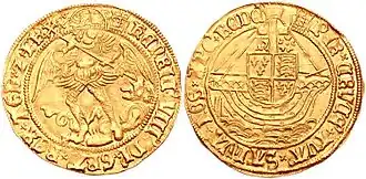 Michael slaying the dragon, as depicted on the obverse of a gold Angel coin, c. 1509-26
