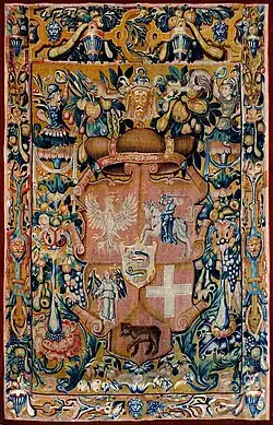 Tapestry with the coat of arms of Grand Duke Sigismund II Augustus and Gediminas' Cap, circa 1548