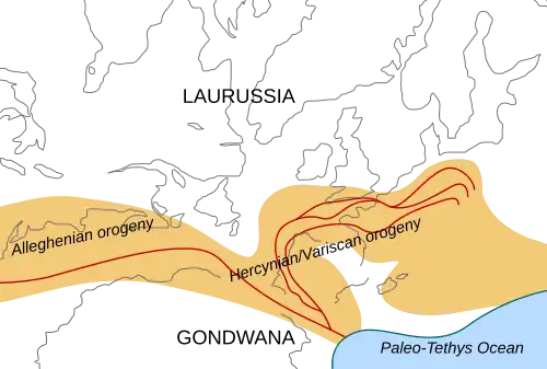 Location of the Alleghanian mountain chains in the Carboniferous period, just before the Permian