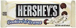 A plastic-wrapped Hershey's Cookies 'n' Creme bar