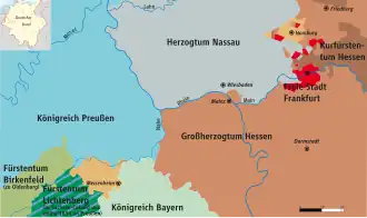 Map of Hesse-Homburg (two parts, beige, with Homburg and Meisenheim) and the Middle Rhine