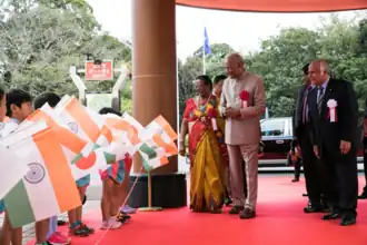 Ryuko Hira alongside President of India Ramnath Kovind, First Lady of India Madam Savita Kovind, during the foundation stone ceremony for the Sri Sathya Sai Sanathana Samskruti in Japan in October 2019.
