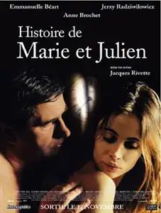 A film poster showing a middle-aged man touching the shoulder of a young woman he is in bed with