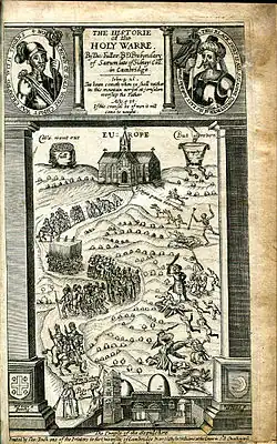 An engraving depicting two churches connected with a road filled with armed and unarmed people
