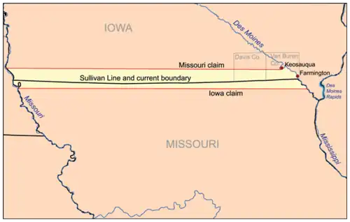 Map showing Des Moines Rapids in relation to the Sullivan Line which was subject of the Honey War.
