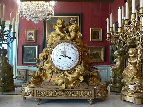 Second Empire style (Louis XVI Revival style) clock, unknown sculptor, dial and mechanism by Ferdinand Berthoud, c. 1860, gilt bronze, Château de Compiègne, France
