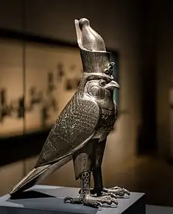 Ancient Egyptian figurine of Horus as falcon god with an Egyptian crown; c. 500 BC; silver and electrum; height: 26.9 cm; Staatliche Sammlung für Ägyptische Kunst (Munich, Germany)