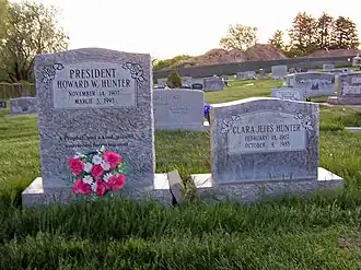 Grave marker of Howard W. Hunter and his wife Clara Jeffs Hunter.