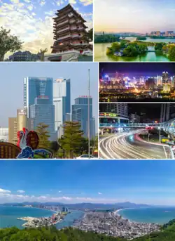 Top:Hejiang Tower, Huizhou West Lake, Middle:Jiangbei skyline, Huicheng District at night Bottom:Shuangyue Bay