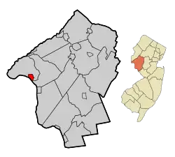 Location of Milford in Hunterdon County highlighted in red (left). Inset map: Location of Hunterdon County in New Jersey highlighted in orange (right).