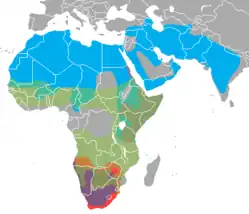 Striped hyena in blue, Brown hyena in purple, Spotted hyena in green, Aardwolf in red