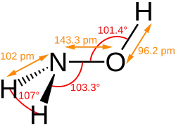 Stereo, skeletal formula of hydroxylamine with all explicit hydrogens added and assorted dimensions