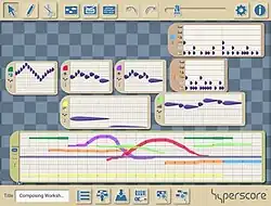 The Hyperscore interface showing melodies and percussion patterns with teardrop notes over a musical sketch of colorful lines