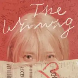 IU with blonde hair and her face partially obscured by a receipt that has a love heart drawn on it, against a red background and the title in white handwriting over her