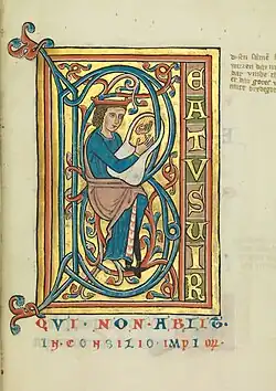 David playing a Germanic lyre. Psalter (Gallican). Augsburg, 1240-1260. Chester Beatty Library W 040, f.7r