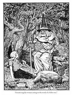 A most singular woman sitting on the trunk of a tree. Illustration # 2 by Frank C. Papé from Naughty Eric by Emile Clement (1902)