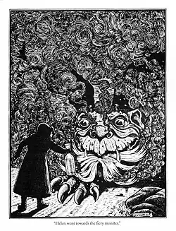 Helen went toward the fiery monster. Illustration # 3 by Frank C. Papé from Naughty Eric by Emile Clement (1902)
