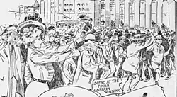 Newspaper illustration of hundreds of spectators crowding around Caffrey as he won