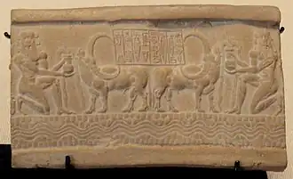Impression of an Akkadian seal. The long-horned water buffalo testifies to exchanges with the Indus Valley Civilisation. c. 2217–2193 BC.[68][69][70]
