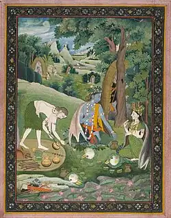 Indian, Rama, Lakshmana, and Sita Cooking and Eating in the Wilderness (c. 1820), gouache and gold on paper, 21.6 × 16.5 cm