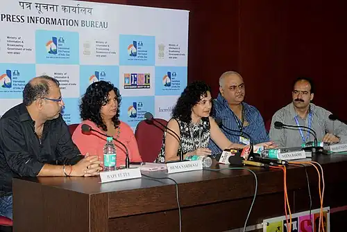 Indian Panorama & International competition film the 'Coffin Maker' Producer Bharat Vijan, Director Veena Bakshi, Music Directors Bapi Tutul & Hema Sardesai briefing the Media.jpg