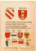 Depiction of the coat of arms of six of the Eight Cantons (omitting Zürich and Bern, but adding Solothurn and Appenzell) in a 1459 manuscript made for Albert VI, Archduke of Austria. The text denounces "the Swiss" as "faithless vassals" who hold their territories illegally.