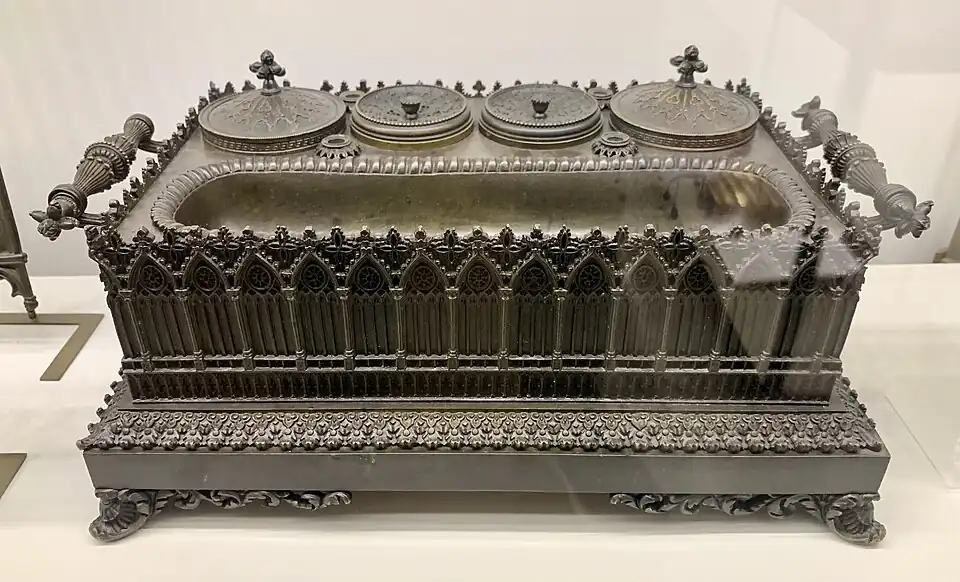 Ink pot, unknown French maker, c.1835-1850, patinated bronze, and porcelain buckets, Museum of Decorative Arts, Paris