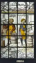 Glass 3 (detail) showing two coopers making barrels