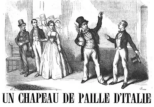 black and white drawing of stage scene: an older man, holding a pot-plant, confronts a younger one