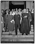 The Italian Ambassador and Senora Fulvia Suvich leaving Holy Rosary Catholic Church after attending a requiem mass in honor of Guglielmo Marconi in 1936.