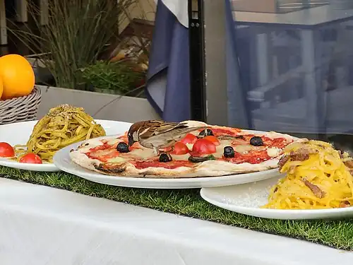 Italian sparrow eating pizza, in Rome