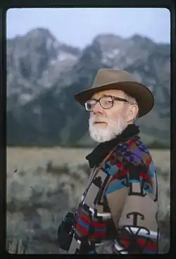 Teton range, Wyoming - Closeup of Ivan Doig at base of mountains (Photo by Carol Doig)