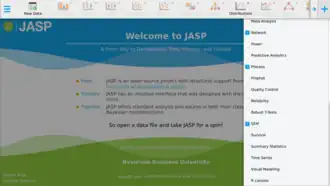 JASP landing page and module selection