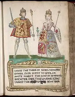 A picture on a page in an old book. A man at left wears tights and a tunic with a lion rampant design and holds a sword and scepter. A woman at right wears a dress with an heraldic design bordered with ermine and carries a thistle in one hand and a scepter in the other. They stand on a green surface over a legend in Scots that begins "James the Thrid of Nobil Memorie..." (sic) and notes that he "marrit the King of Denmark's dochter."