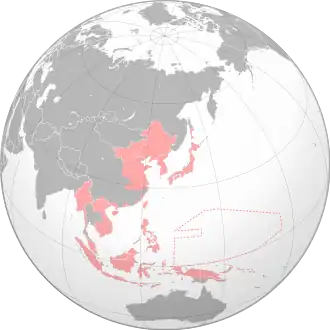 The Hong Kong occupation zone (dark red) within the Empire of Japan (light red) at its furthest extent