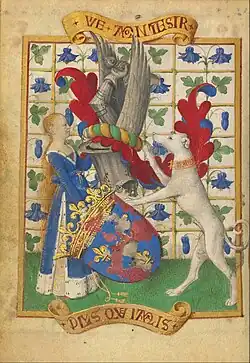 Jean Fouquet, Coat of Arms Held by a Woman and a Greyhound; Ms. 7, folio 2V