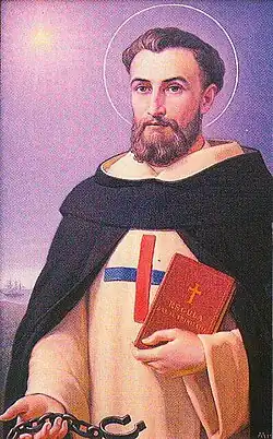 The religious habit of the Trinitarian Order is white with a distinctive cross with a blue horizontal bar and a red vertical bar.