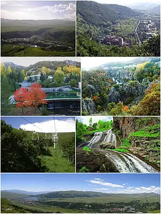From top left: Jermuk skyline • Arpa River Spa resorts • Jermuk Forest Sanctuary Jermuk cableway • Jermuk Waterfall Panoramic view of Jermuk