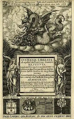 A 1645 depiction of a wyvern, symbol of Portugal, defeating a Spanish lion, in an allegory of the Portuguese victory of the war.