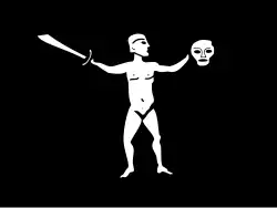 Another of Levasseur's pirate flags, described as “They made it of black silk. In its centre, there was the figure of a naked man with a cutlass in his right hand, and the left one holding a decapitated [sic] head by the hair.”[14]