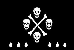 Another of Levasseur's pirate flags, described as a “Black flag in which for figure there were four skulls and two bones in cross with white tears”.[15]