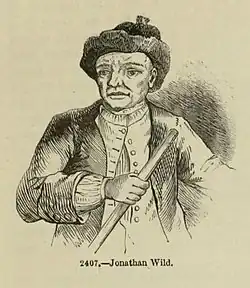 Drawing of a man in common 18th century clothing, holding a stick