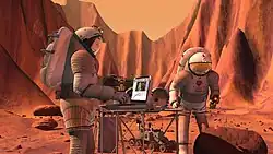 NASA concept of Mars-crew analyzing a sample (2004).[62]