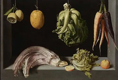 Vegetables and fruits, some suspended by thread. Still Life with Fruits and Vegetables by Juan Sánchez Cotán; c. 1600, 69 × 96&nbsp;cm, private collection.