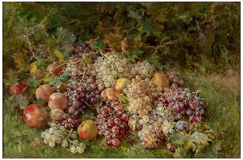 Grapes and landscape painting. Fruits by Julia Alcayde y Montoya; 1926, 72 × 106&nbsp;cm, Prado Museum.