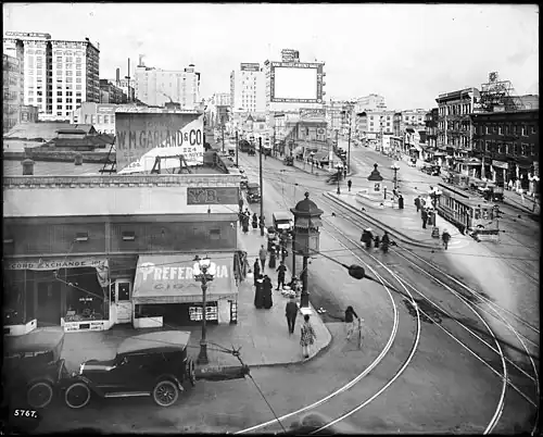 9th at Main and Spring, looking north, c. 1917. The Miller Theatre (1913) and Hotel Huntington are among the buildings in view.