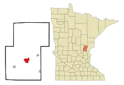 Location of Mora within Kanabec County and state of Minnesota